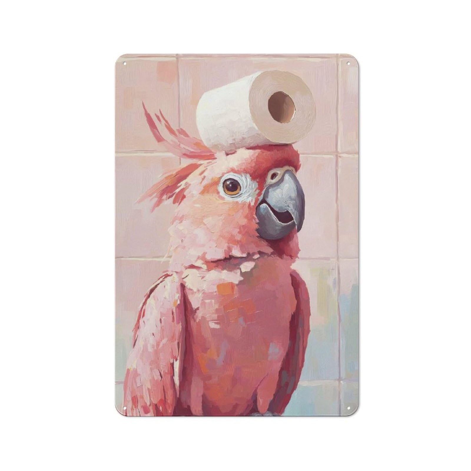 Junmoney Pink Cockatoo With Toilet Paper Vintage Tin Sign 30X20cm With For Hallway Wall, Suited To New Home Decorators, For Retro Home Interiors
