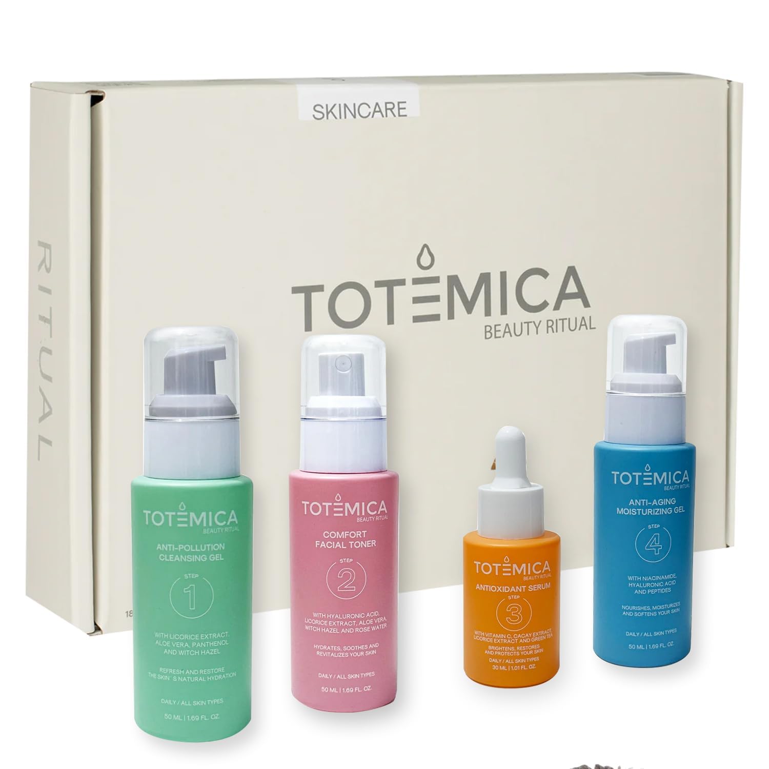 TOTEMICA PR Box 4-Step Skin Care Set, Cleanser, Toner, Serum & Moisturizer | Travel size, cruelty-free, for dry & sensitive skin, mineral oil-free,