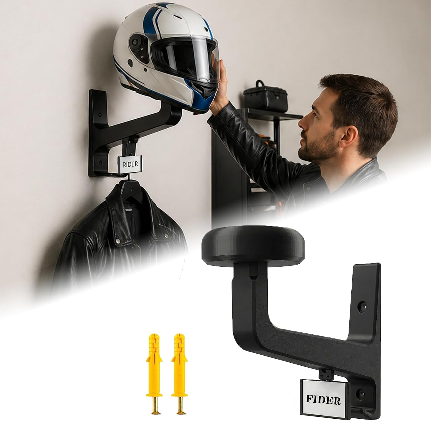 Motorcycle Helmet Wall Mount with Coat Hook & DIY Name Area