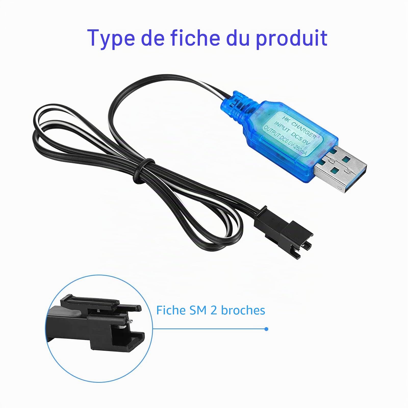 Câble Charge USB HSP 3.7V SM-2P – 400mA, Pour Drones, Voitures RC, Hélicoptères, Charge Intelligente