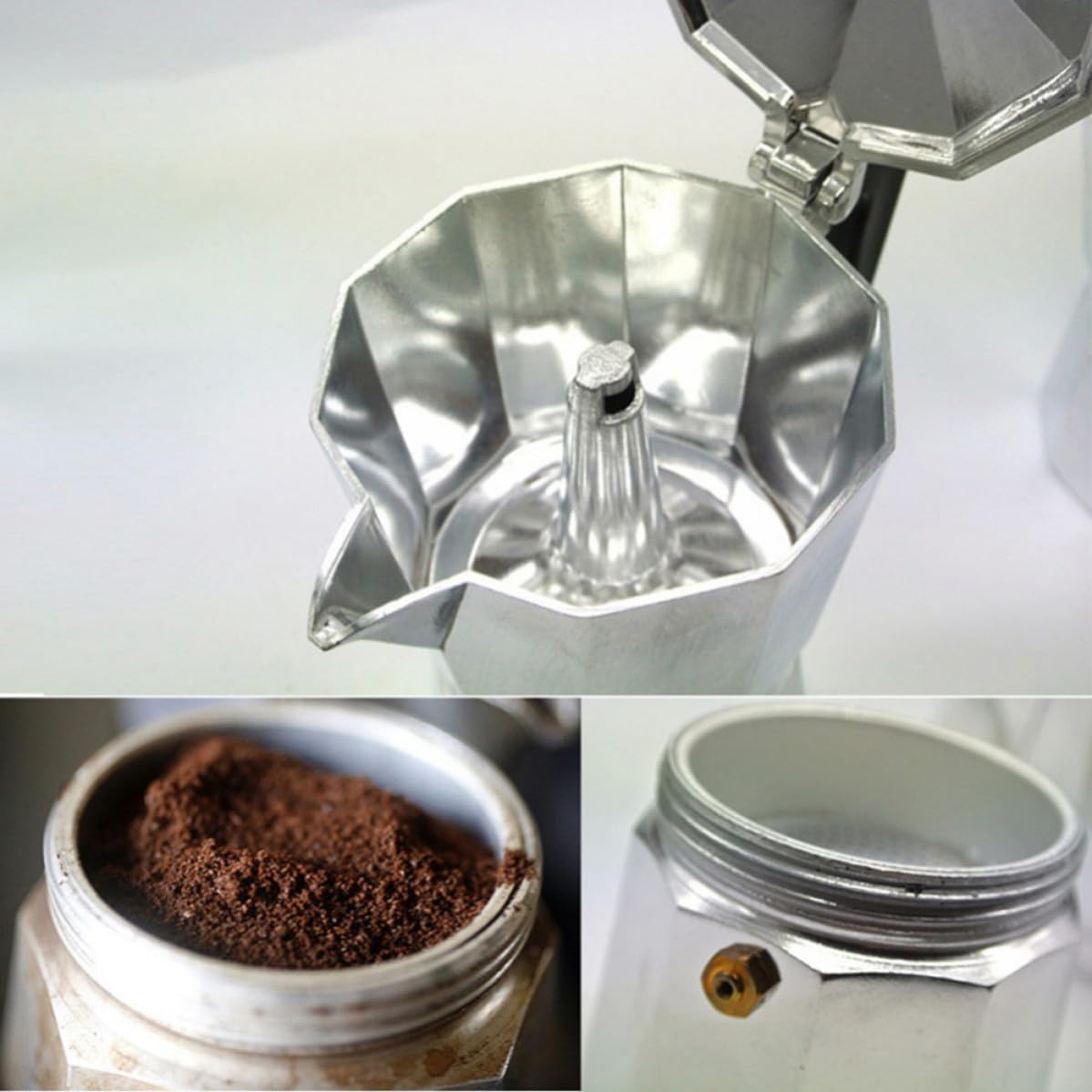 Caffettiera Moka in Alluminio 600ml, 12 Tazze, Ottagonale | Finitura Argento , Stile Europeo , Manico Resistente al Calore , Riempimento Semplice e Pulizia Agevole