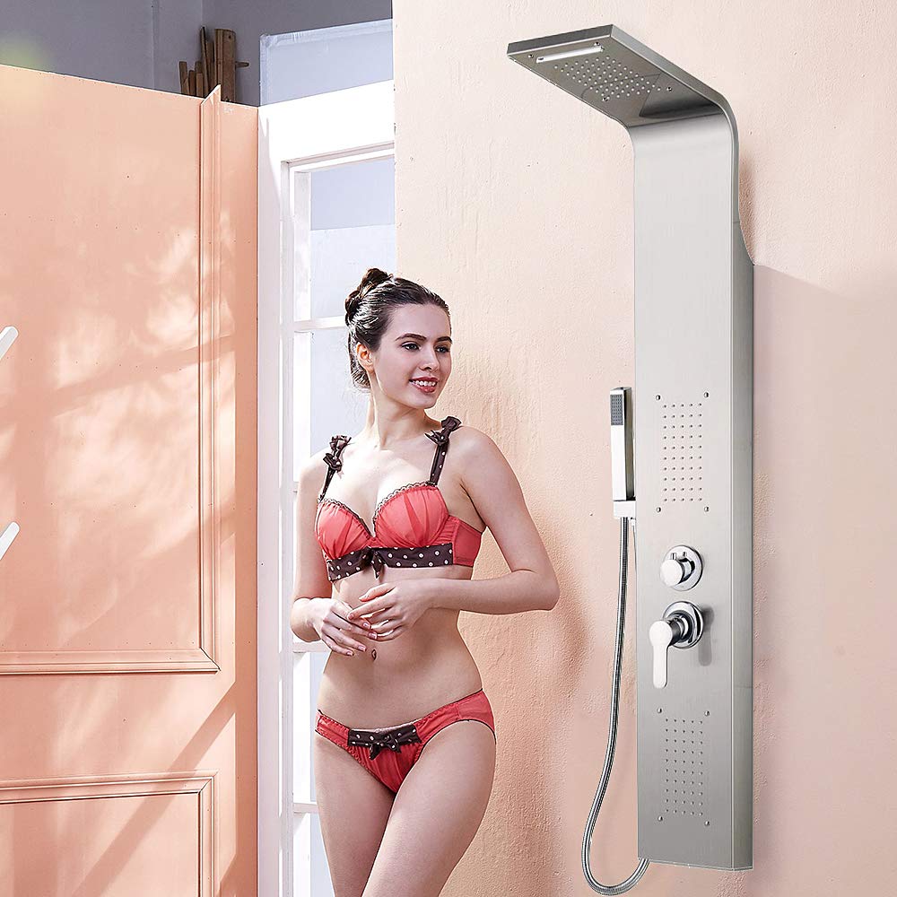 Panel De Ducha AURALUM MAX Columna De Ducha Hidromasante LED Panel De Ducha De Acero Inoxidable Cepillado Con 3 Jets De Masaje Para Baño | Leroy Merlin