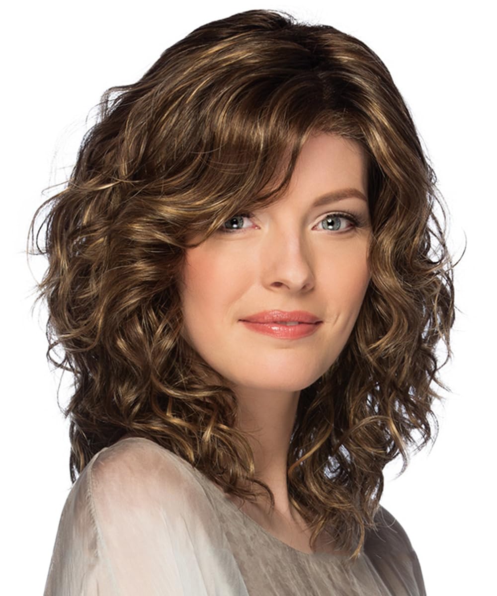 SEVENCOLORS Medium Length Brown Curly Wigs with Highlights Short Brown