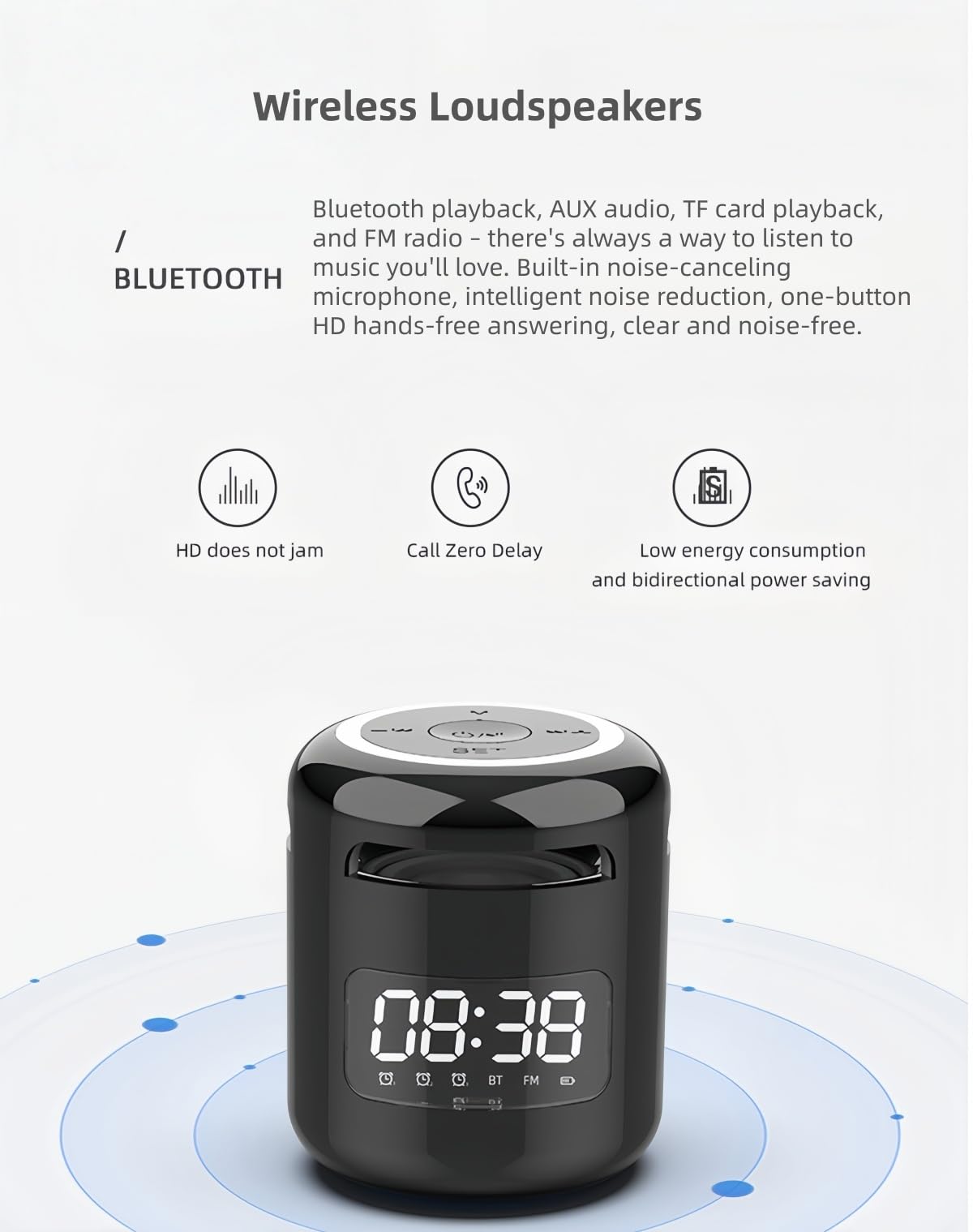 Sveglia Bluetooth ricaricabile, subwoofer portatile Hi-Fi per esterni, cassa acustica compatta con radio FM, audio da viaggio per casa o campeggio (Black)