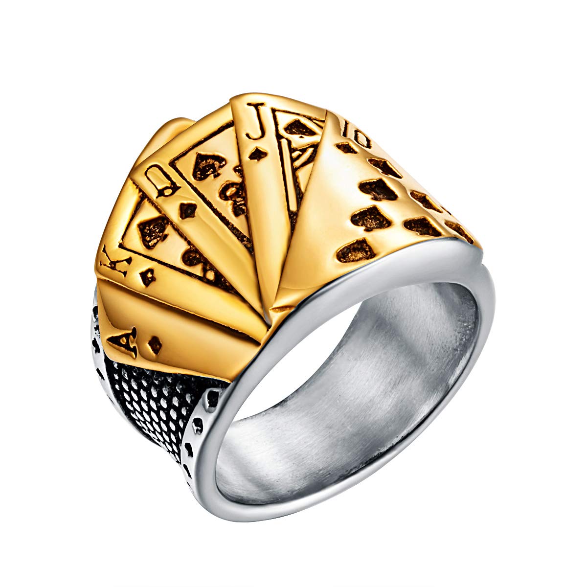 Gold Poker Ring for Men Women, Stainless Steel Royal Flush Ring, Poker Games Lover Gift Ring Size 7-13