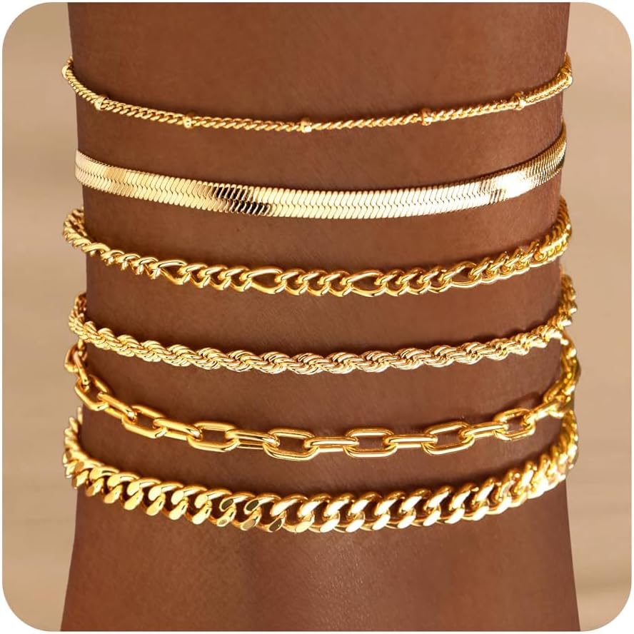 Ankle Bracelets for Women, 14k Gold Jewelry Set Waterproof Layered Cuban Figaro Link Chain Anklets Set Gold Anklets Summer Boho Beach Jewelry Gift Adjustable Size