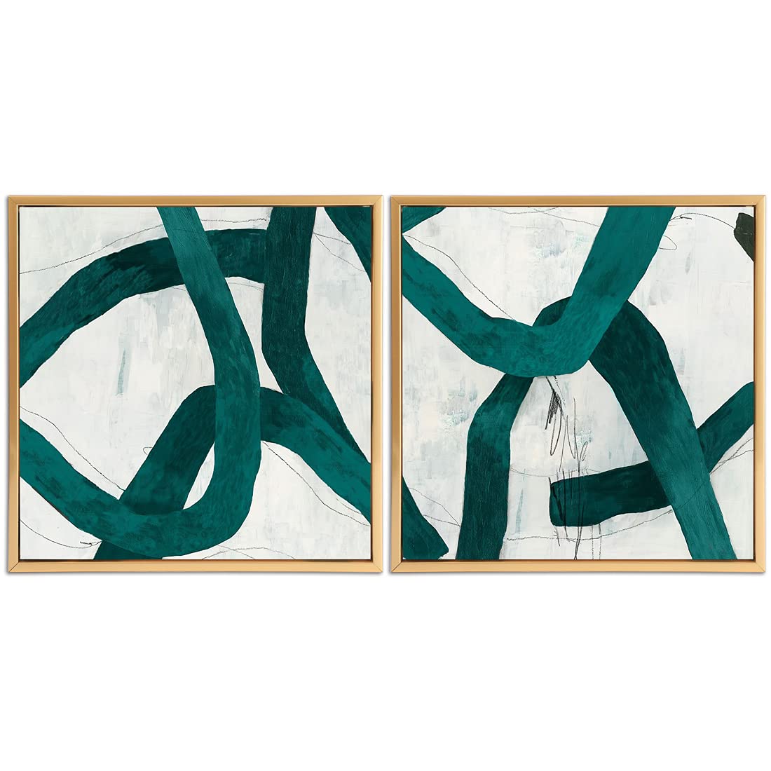 Gardenia Art Abstract Gold Framed Green Line Canvas Prints Wall Art Modern High Gloss Giclee Linen Designed Artwork Pictures Paintings for Office Living Room Bedroom 12x12 Inch 2 Panels Per Set