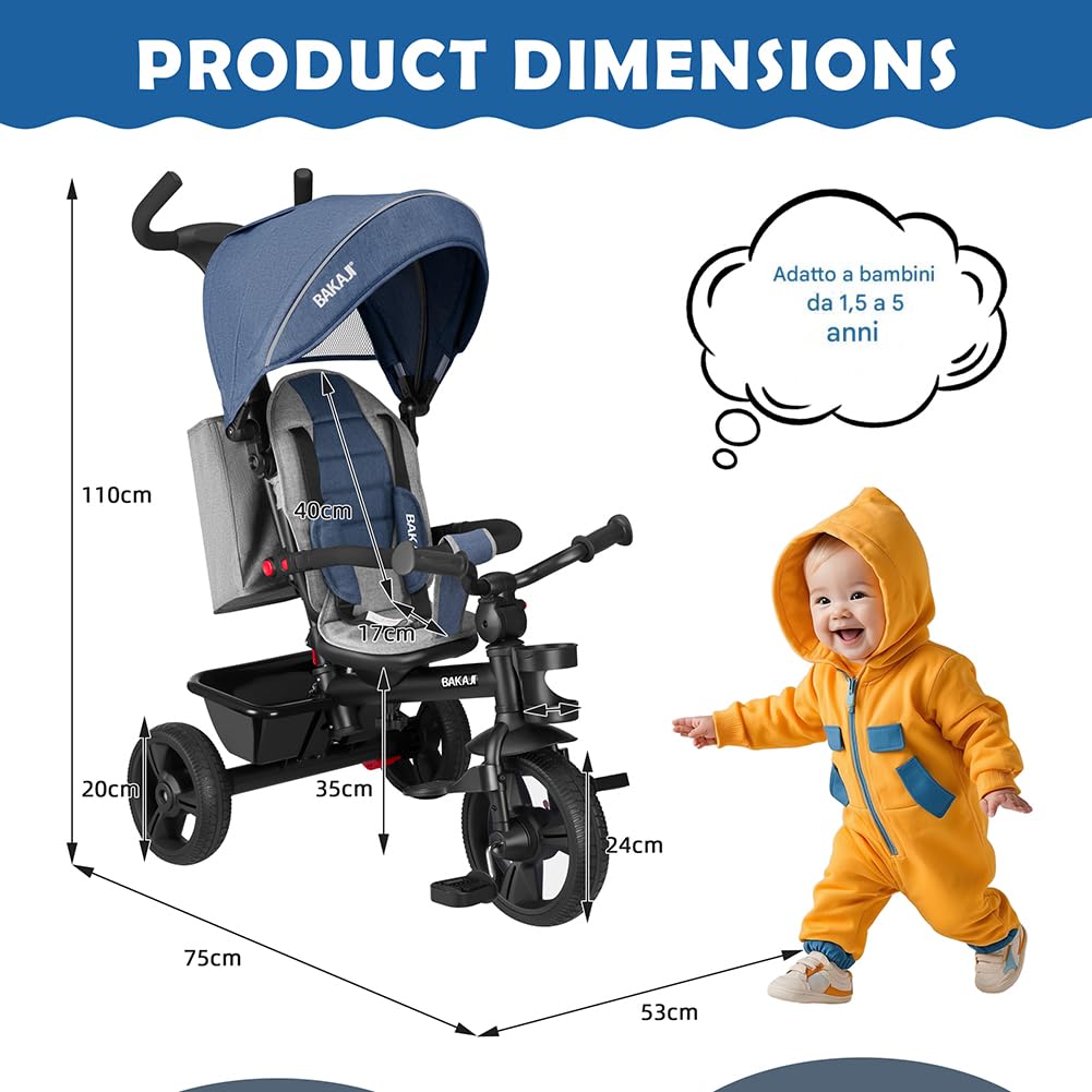 BAKAJI Triciclo Passeggino 4 in 1 per Bambini, Pedali o Manico Antiscivolo Ergonomico per Spinta, Sediolino Imbottito, Cinture di Sicurezza, Asta Direzionabile, Tettuccio Cappottino Parasole (Blu)
