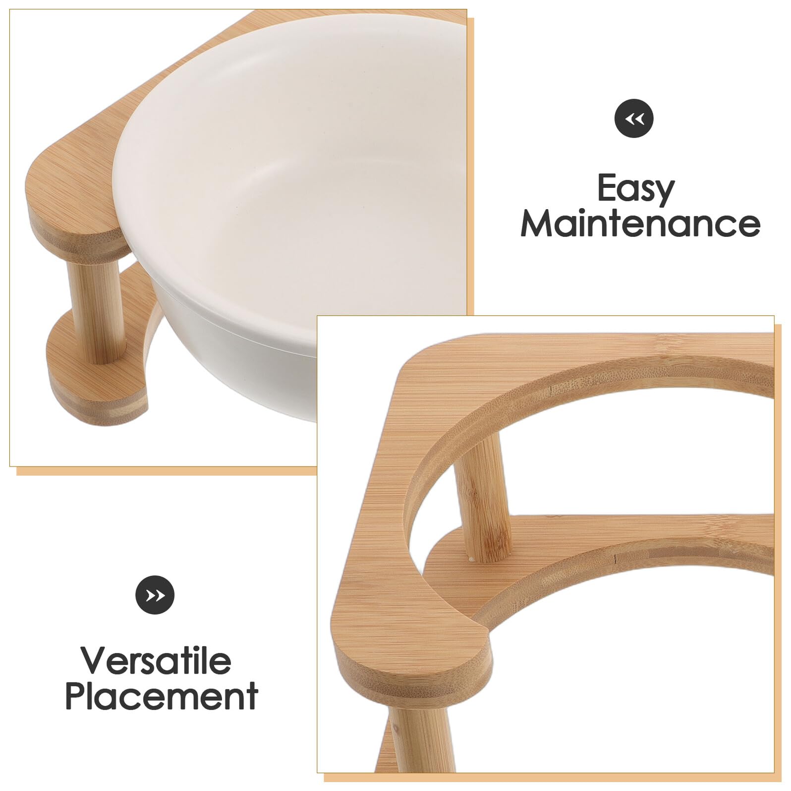 Gamelle Surélevée pour Chat et Petit Chien 600 ML en Céramique Blanche avec Support en Bois Stable Anti-basculement, Distributeur d'eau et Nourriture pour Intérieur et Extérieur,
