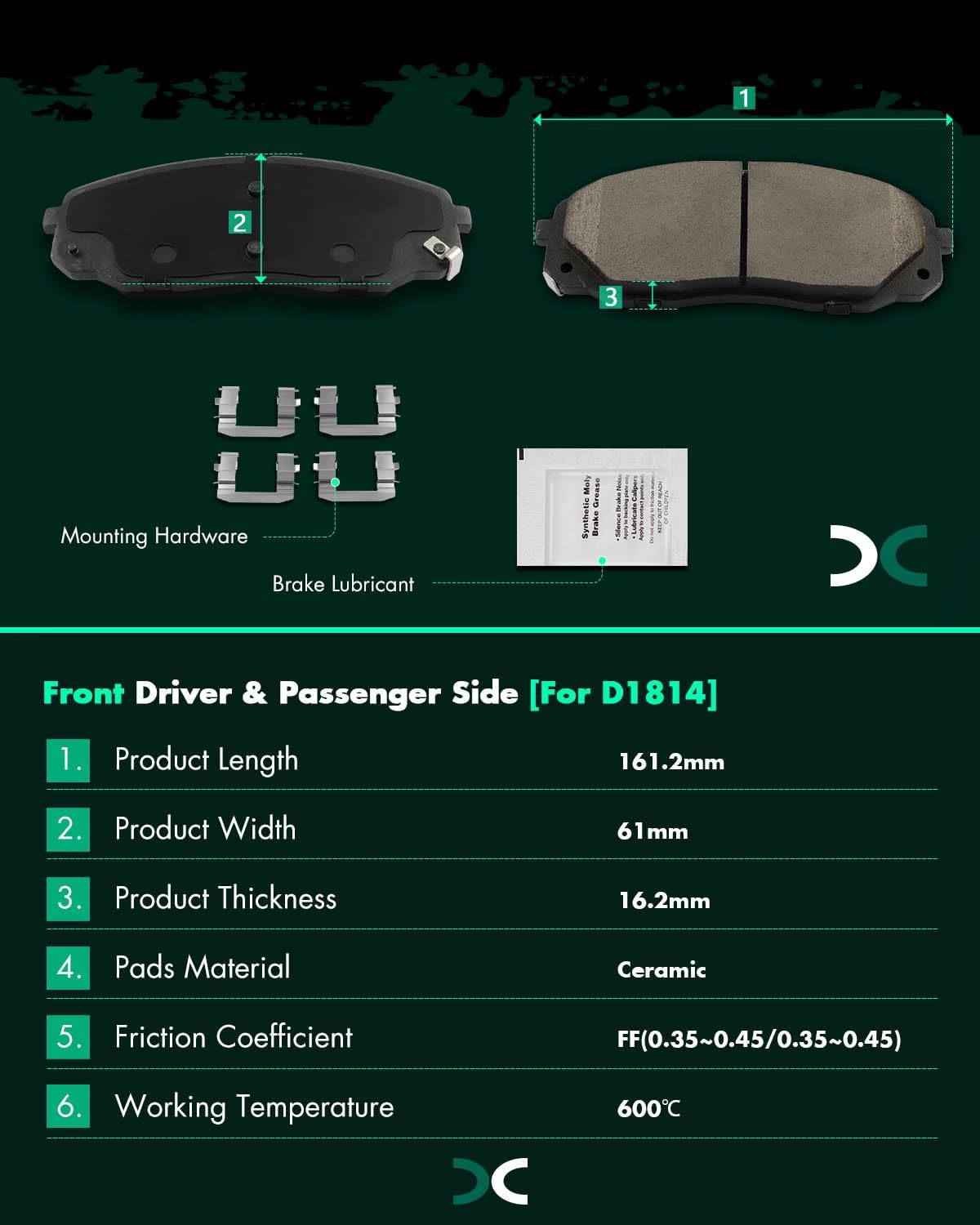 SCITOO D1814 Front Ceramic Brake Pads Sets w/Hardware Replacement For Kia For Sedona 2015-2020
