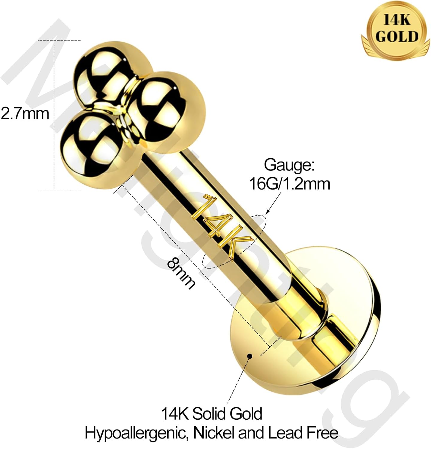 Melighting 14K Solid Gold Cartilage Earring - Internally Threaded 16G Flat Back Stud Earring - Gold Helix Piercing Jewelry - 8mm