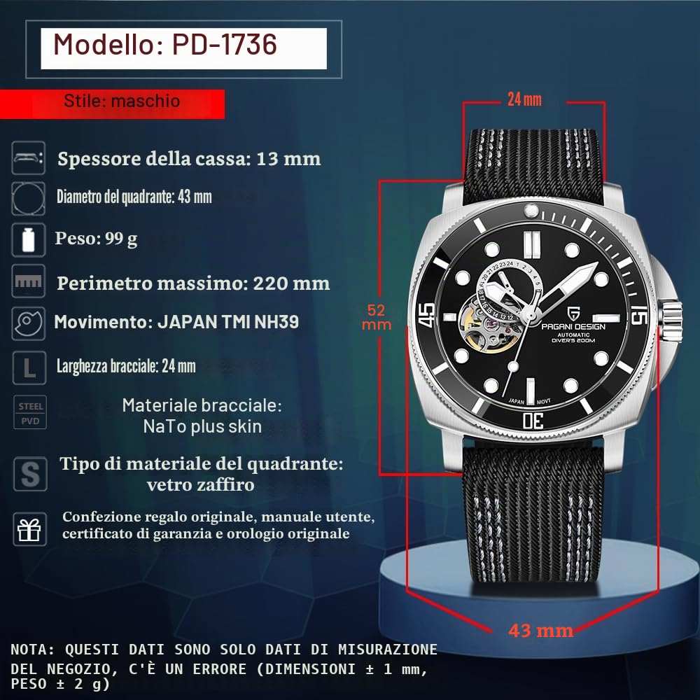 Pagani Design - Orologio automatico da uomo giapponese NH39, con scheletro meccanico, impermeabile, cinturino in nylon stile militare