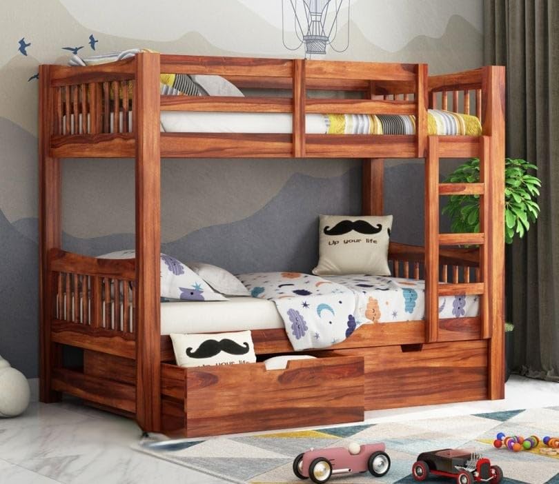 Sheesham Wood Bunk Bed with Storage Wooden Double Bed Bed Furniture for Bedroom Living Room Home (Honey Finish) (Honey)