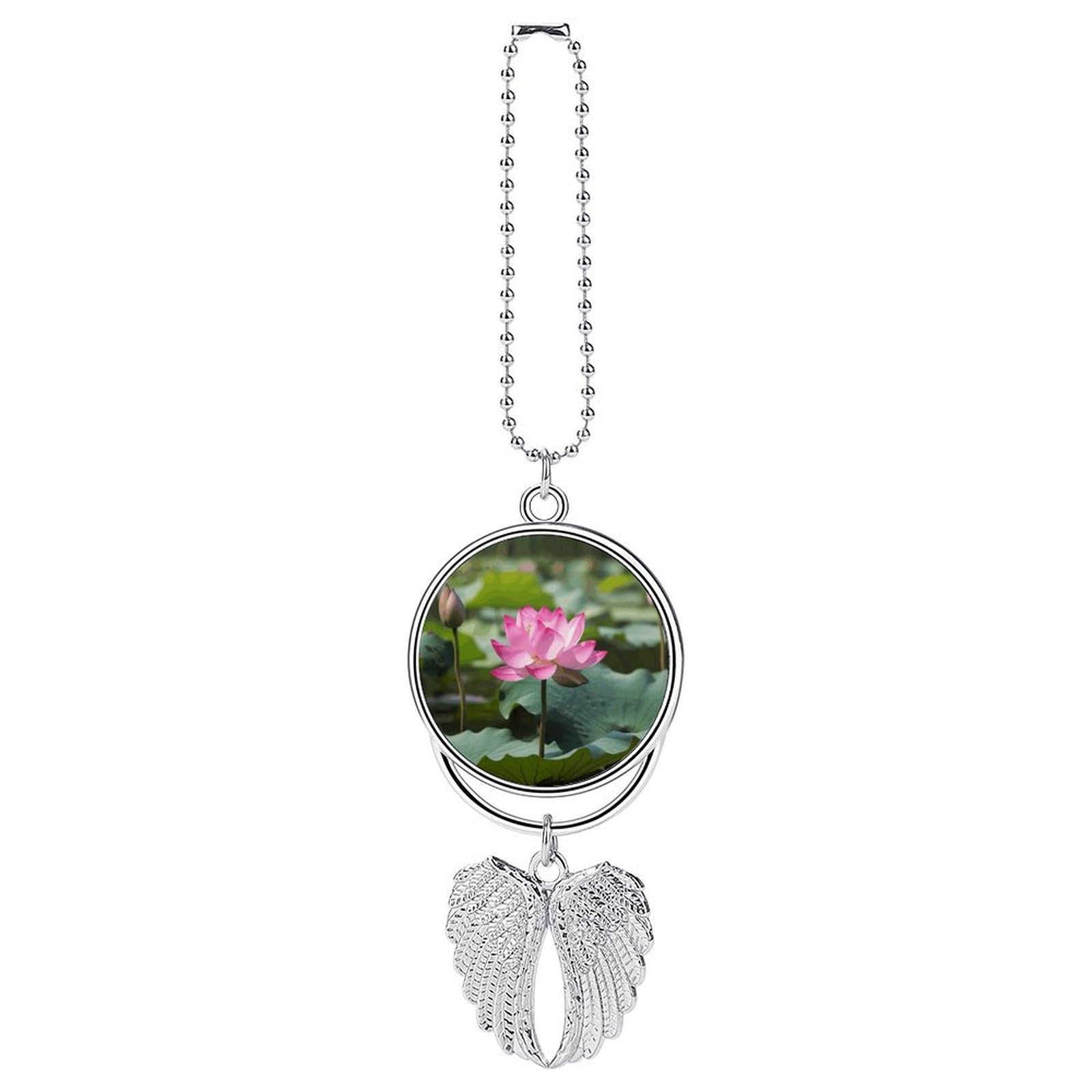 Car Charm Zinc Alloy Rearview Mirror Hanging Ornament Premium Metal Pink Lotu Flowers Car Pendant for Auto Interior Decor Accessories,Unique Gift for Adult,Silver-Style