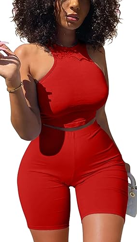 GOBLES Women's Sexy 2 Piece Outfits Sleeveless Crop Top With Shorts Jumpsuits - Red - X-Large