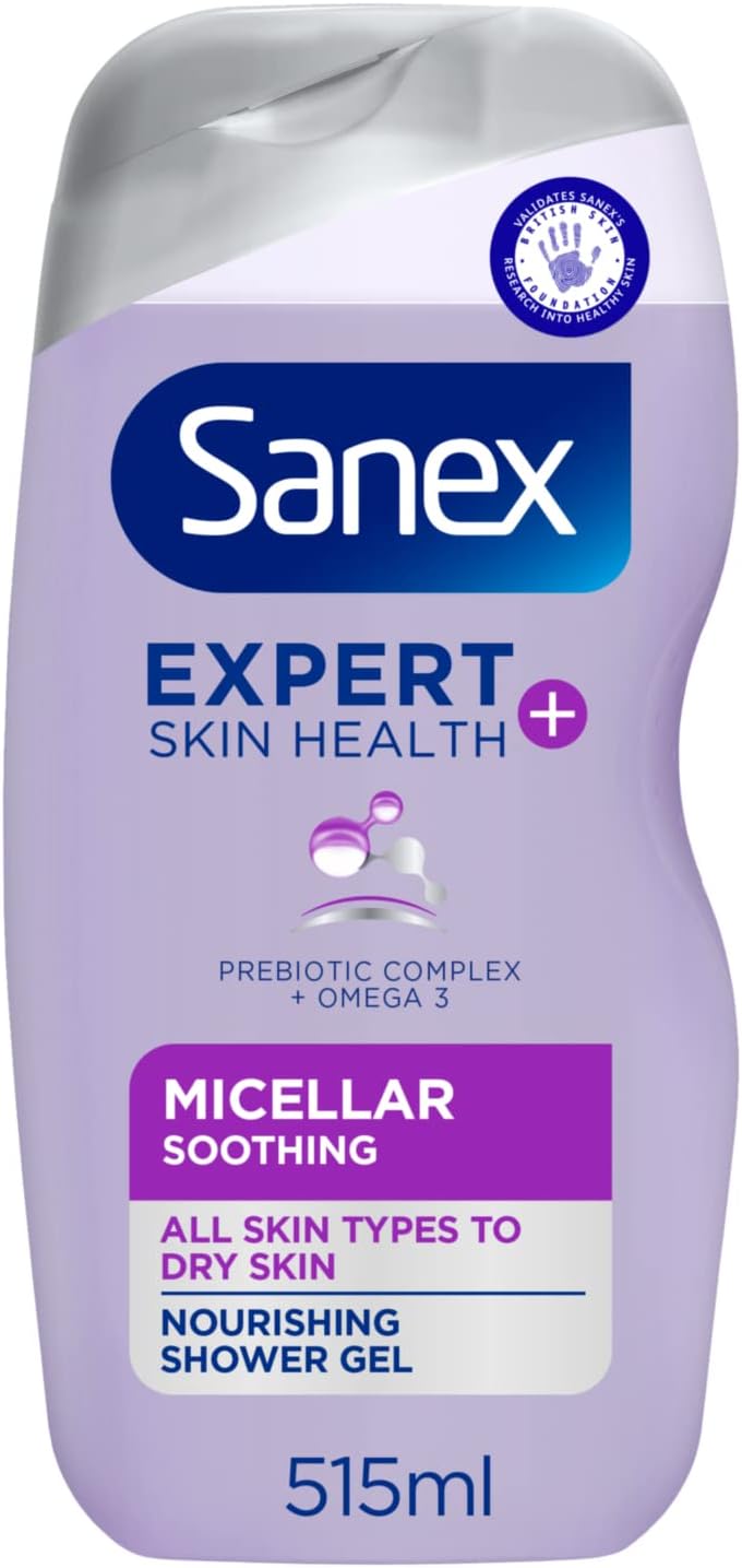 Expert Skin Health+ Micellar Soothing Shower Gel 515ml, for dry skin, body wash for men & women, nourishes skin, soothes skin tightness, 12 hour hydration, prebiotic & postbiotic complex