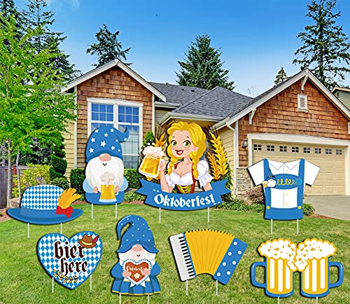 LUCKKYY 8pcs Oktoberfest Yard Sign with Stakes - Colorful Outdoor Lawn Decorations Large Weatherproof Corrugated Plastic Board Sign for Oktoberfest Party Supplies