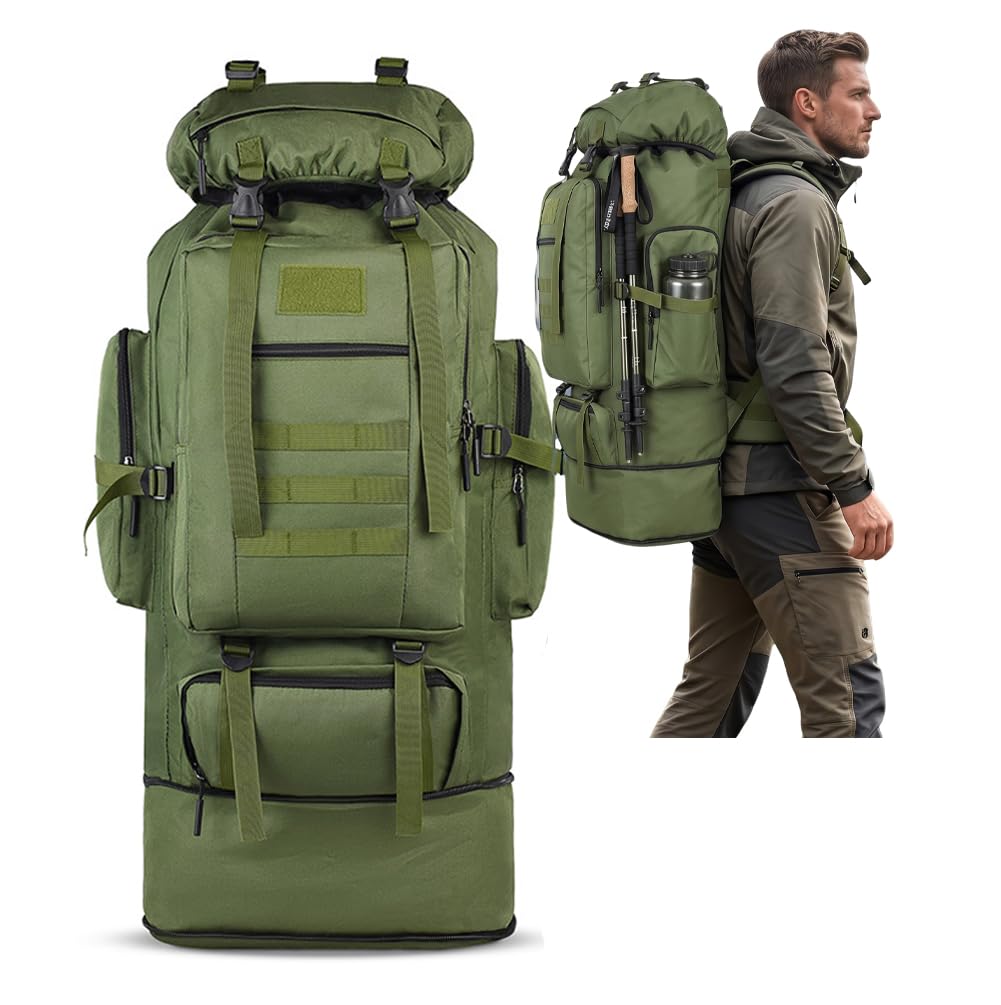 Zaino da trekking e escursionismo da 100 l, grande, per campeggio, viaggi e avventure, ergonomico, impermeabile, robusto, nero e verde militare