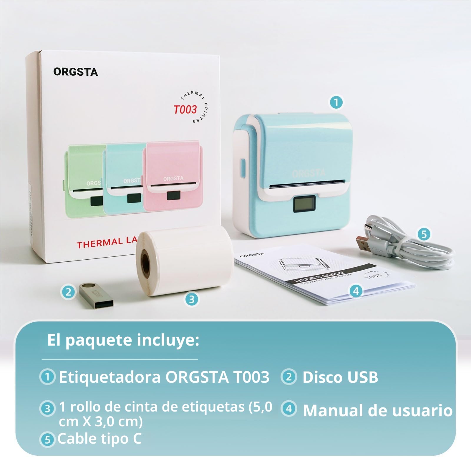 ORGSTA T003 etiquetadora Impresora Pegatinas Autoadhesivas Bluetooth & USB 2200 mAh 50 mm/s Maquina Adhesivas Label Maker termica para Precios Hacer