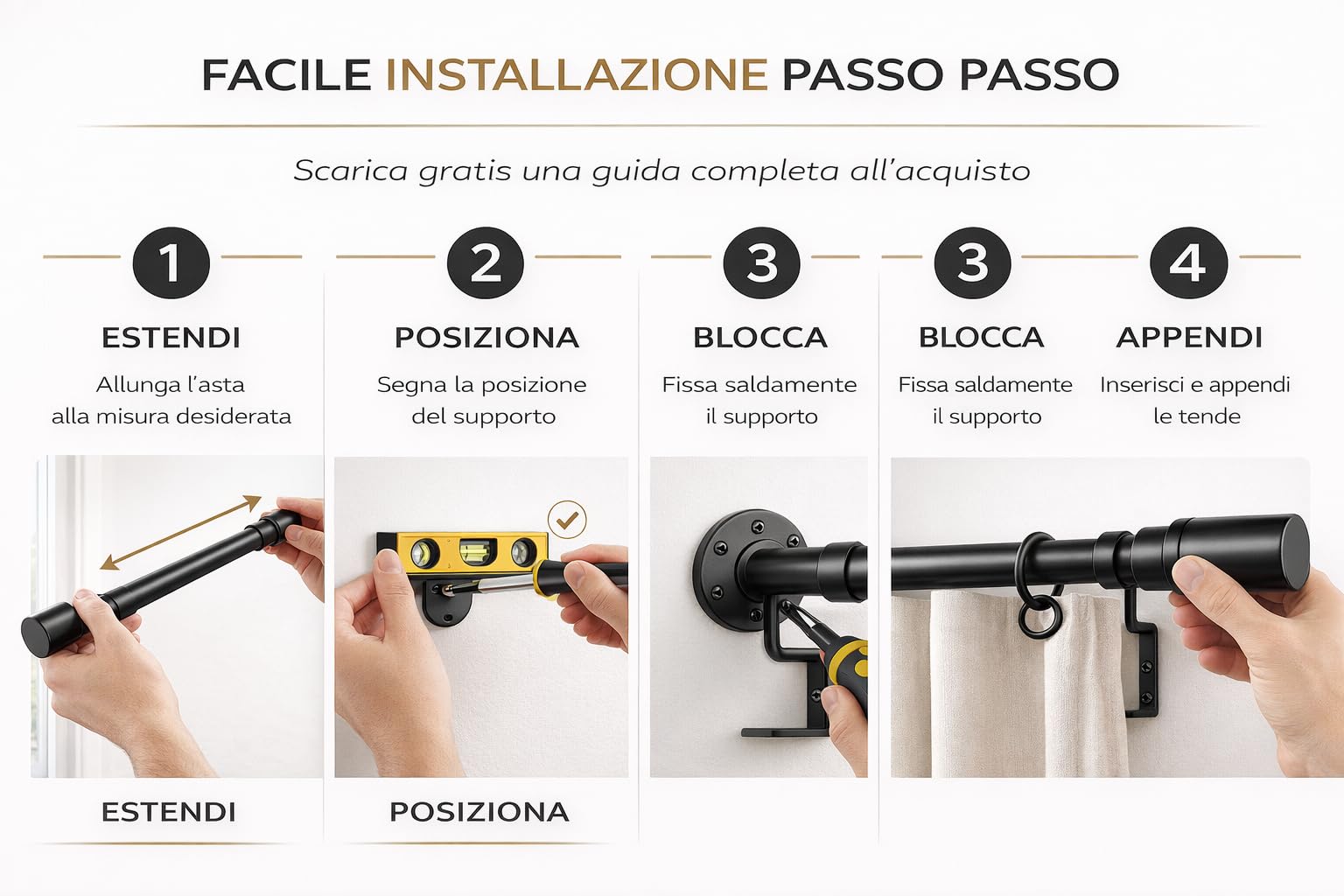 Bastone per Tende Estensibile 120–210 cm in Acciaio Inox Nero Opaco, Asta Regolabile per Tende da Interno, Supporto per Finestra e Porta, Montaggio Semplice per Casa e Appartamento.