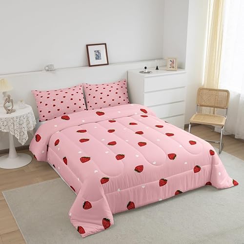 Miniatura 2 de Feelyou Juego de edredón de fresas para niñas, tamaño Queen, ropa de cama Kawaii linda con 2 fundas de almohada, 3 piezas