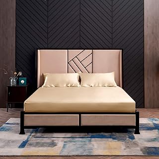 THXSILK 3 Pcs 100% Silk Fitted Sheets Set, 2 Pillowcases, 16 inch Deep Pockets, Luxury Soft Top Grade 7A+ Mulberry Silk (Champagne, Queen)