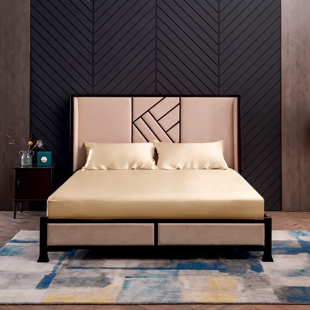 THXSILK100% Mulberry Silk Fitted Sheet Set, 7A+ Silk 3 Pieces Bed Sheets, Breathable, Smooth, 16 Inch Deep Pocket Fitted Sheet, 2 Pillowcases - Champagne, QueenOEKO-TEX STANDARD 100