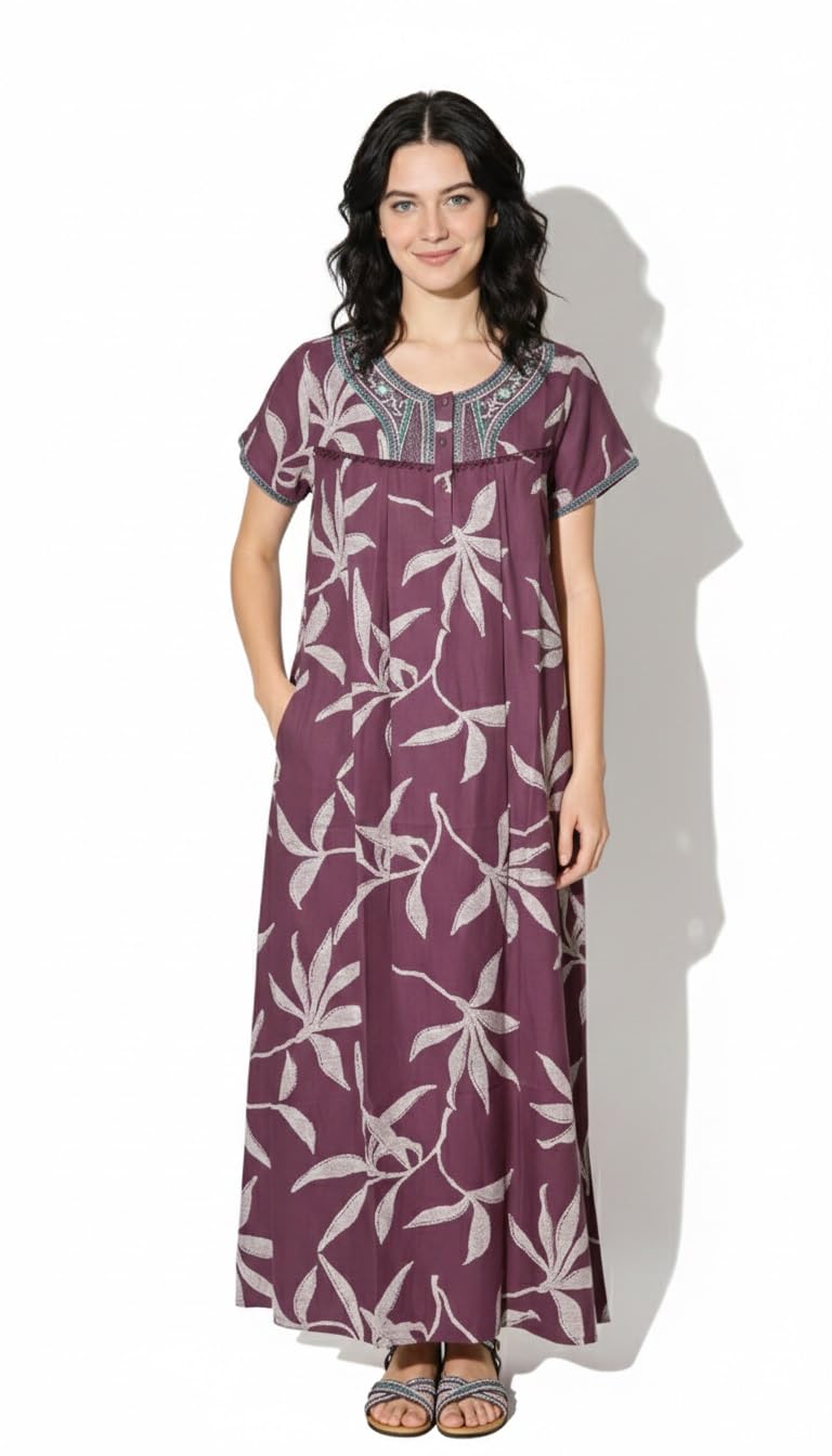 evolove Alpine Fabric Nighty Maxi for Women with Side Pocket and Neckline Embroidery | Printed Short Sleeves Full Length Night Wear Gown-picture-18
