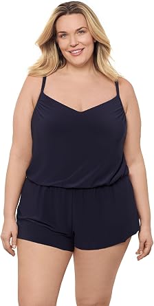 Aqua Green Women's V-Neck Blouson Slimming Swim Romper with Pocket