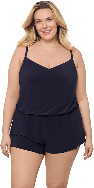 Aqua Green Women's V-Neck Blouson Slimming Swim Romper with Pocket