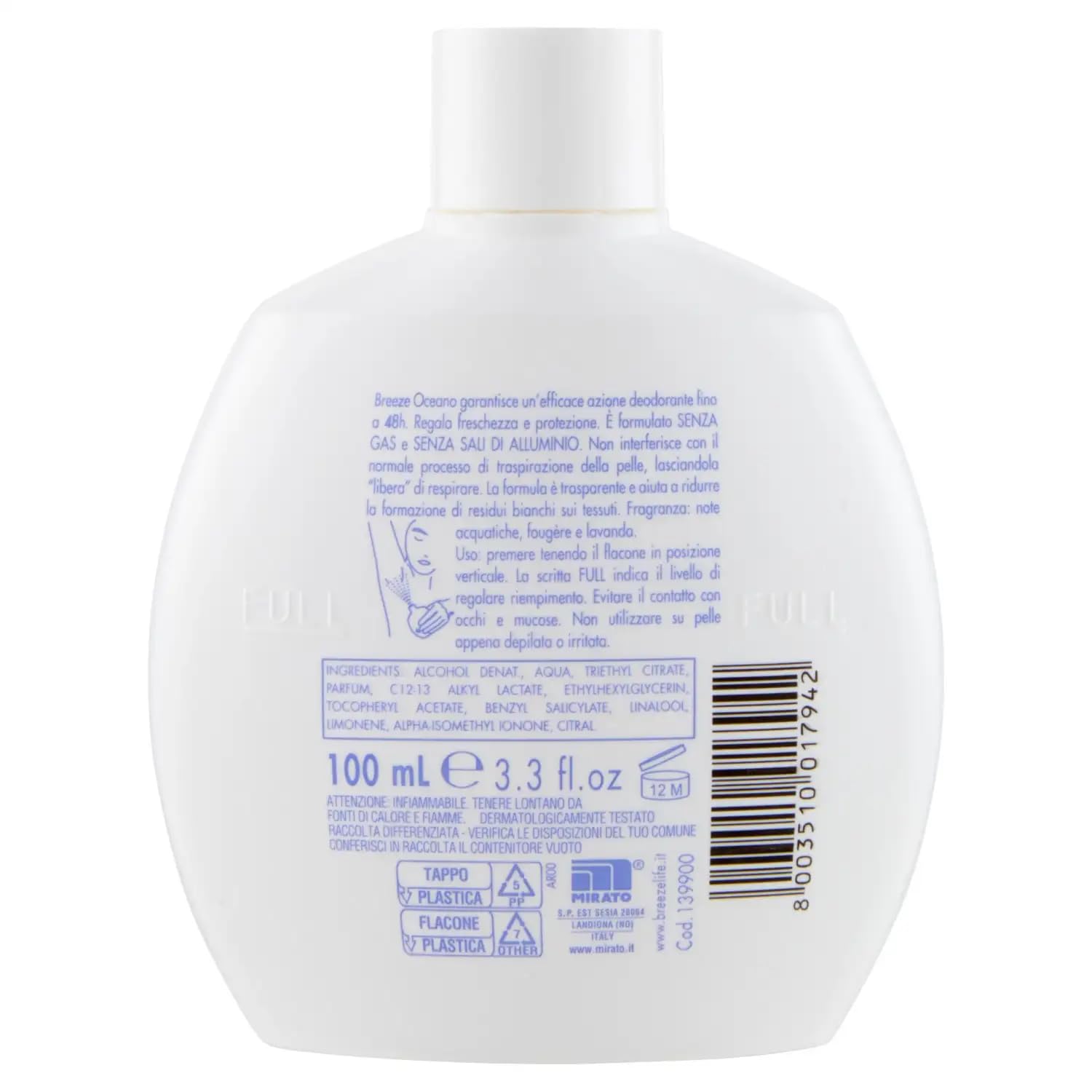 Breeze Oceano - Desodorante Squeeze (12 unidades, sin gas y sin sales de aluminio, desodorante perfumado de 48 horas, 100 ml, incluye llavero Beni Culinari gratuito)