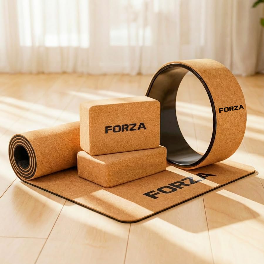 FORZA Yoga Eco Bundle - Yogamatte aus Naturkork - Set mit Rollen & Blöcken - Nachhaltiges rutschfestes Yoga, Pilates & Mobilitätszubehör