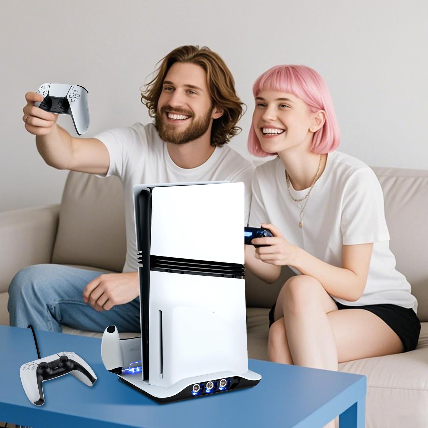 Mcbazel Supporto di Raffreddamento con Dock di Ricarica per Console PS5/PS5 Slim/PS5 Pro, Ventole a Velocità Multipla con Luci LED, Caricatore Doppio per Controller, Base per Edizione Disc/Digitale