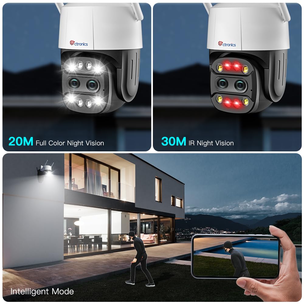 Ctronics Zoom Ibrido 6X Videocamera Wi-Fi Esterno con Doppio Obiettivo | Tracciamento Zoom Automatico Sorveglianza, Rilevamento Umano Visione Notturna a Colori Audio Bidirezionale IP66 (Bianco)
