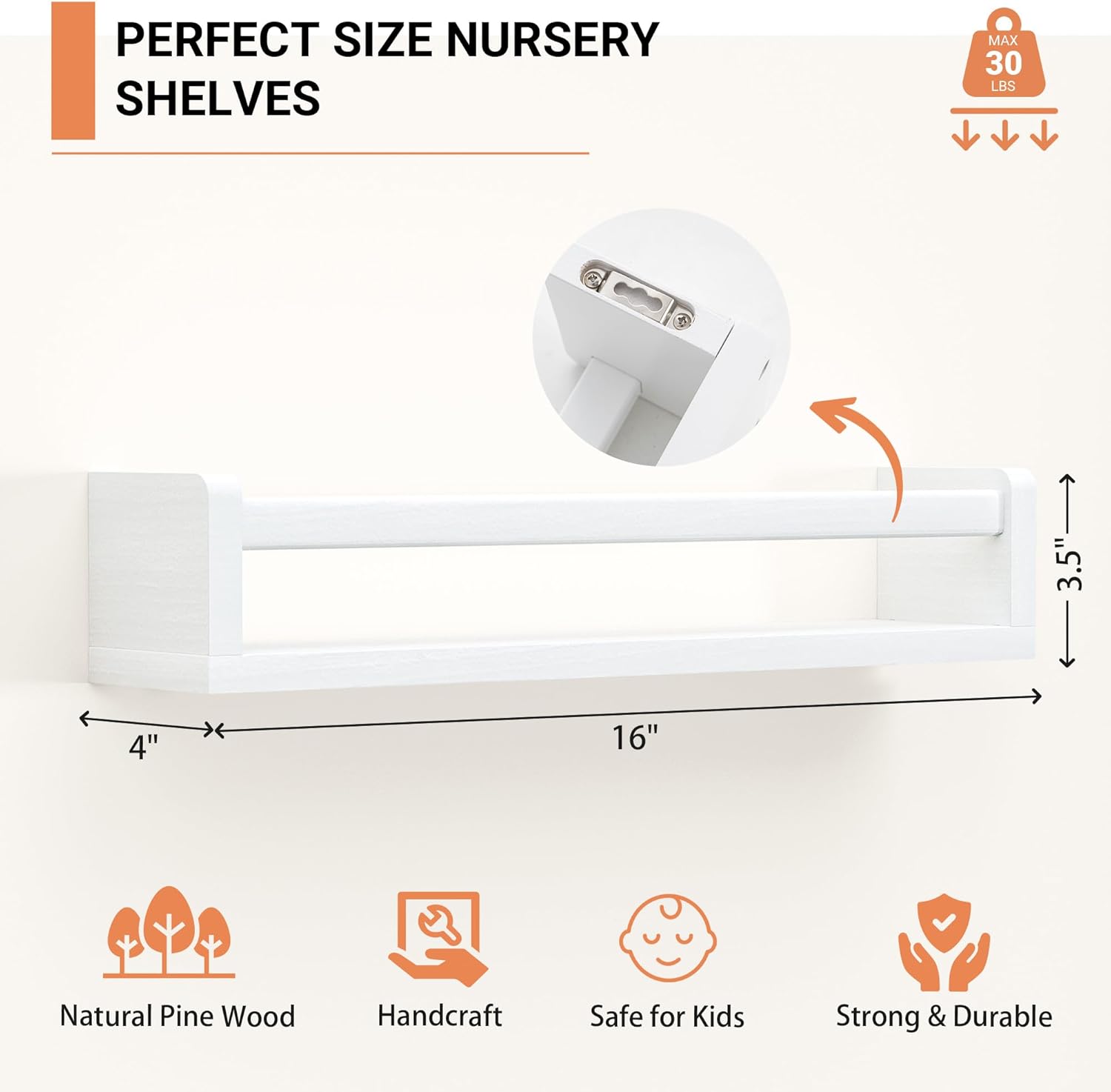 Heimlove Nursery Floating Shelves, White Nursery Book Shelves for Wall, 16 inch Wall Bookshelf for Kids Solid Wood Shelves for Books,Toys and Decor Storage, Set of 3