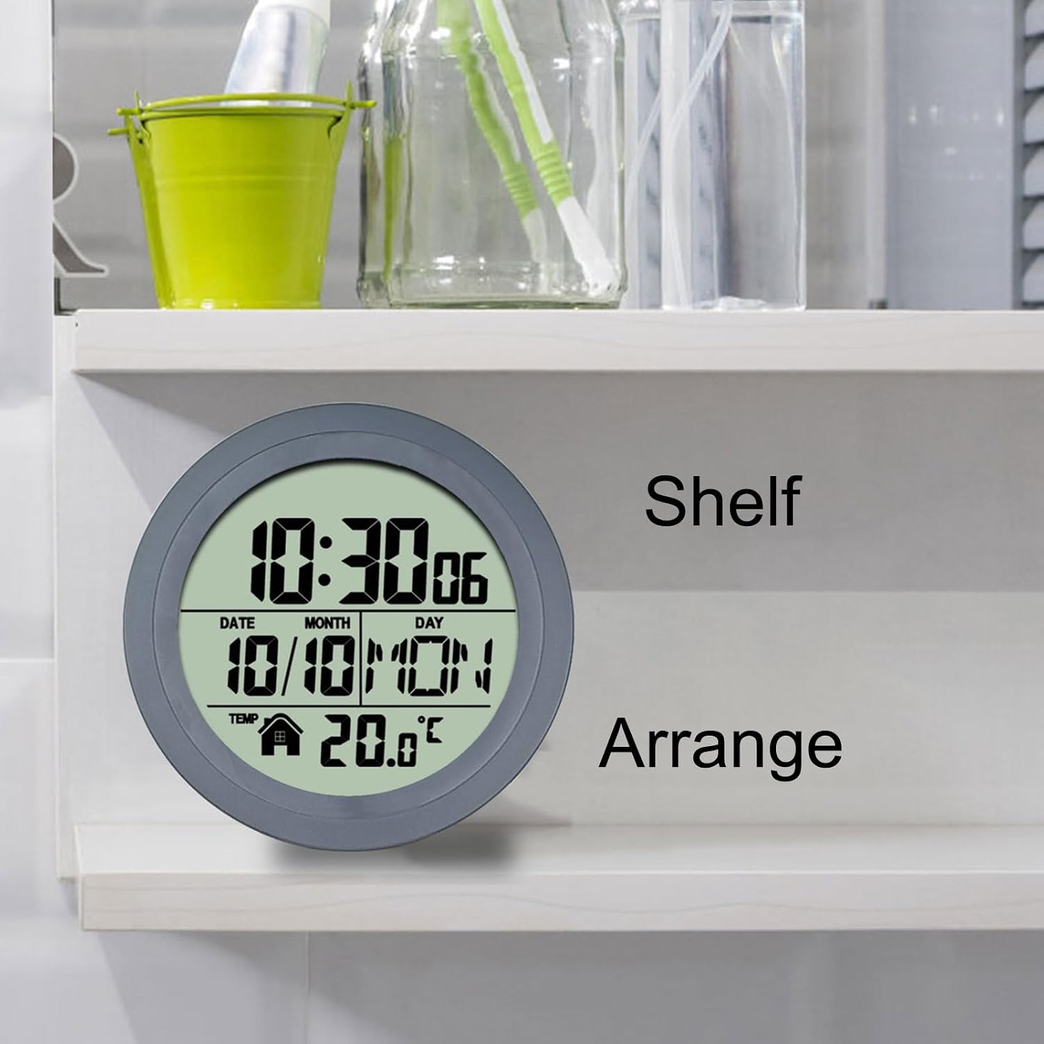 Large Shower Clock with Suction Cups, Date and Temperature, Water Bathroom Clock 2 Mounting Option for Kitchen Bathroom Clocks Battery Operated