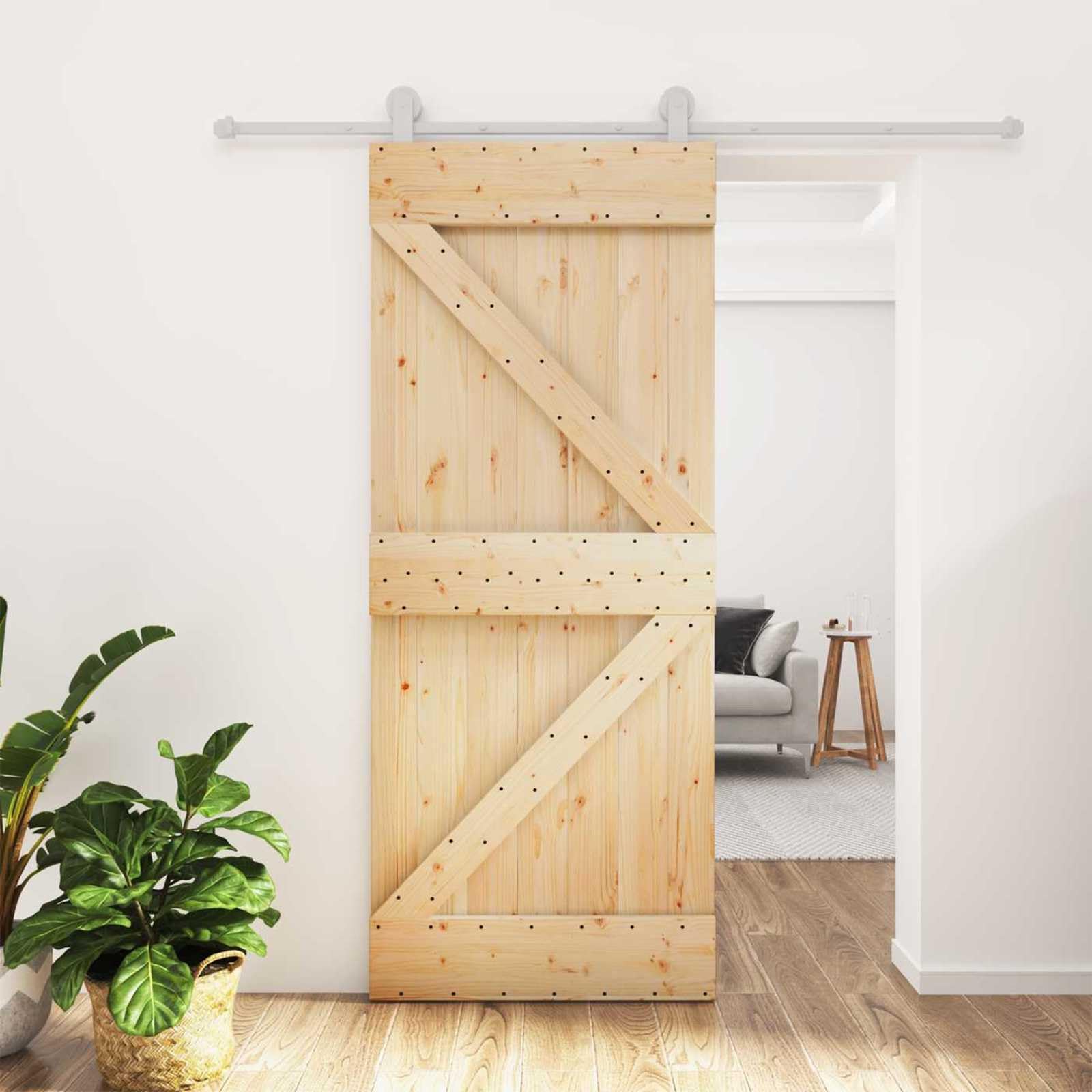Mangloder - Puerta corredera de madera de pino maciza natural y blanca, 80 x 210 cm, con riel de acero pulverizado, ahorra espacio para interiores, salón, cocina, pasillo y apartamento
