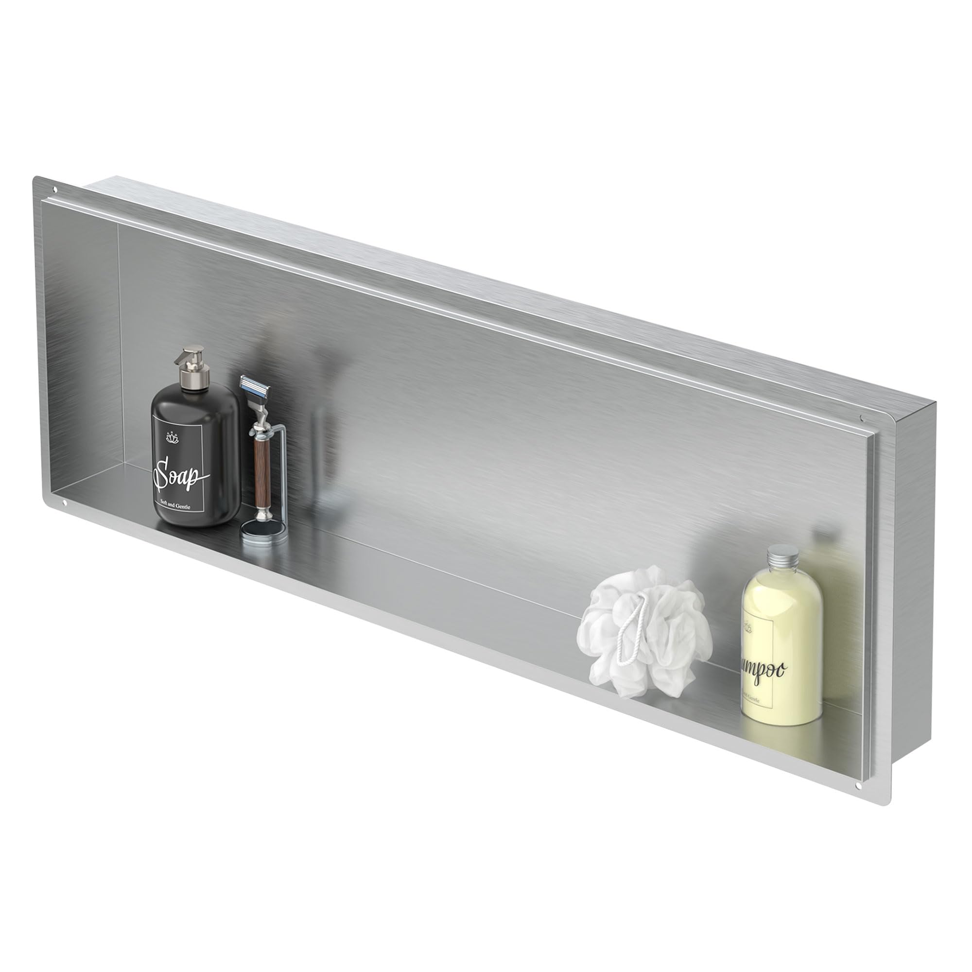 LuxeBath Niche de Douche Encastrée Murale, 90x30x10 cm, en Acier Inoxydable, Argent, sans Rebord, Étagère Encastrable Salle de Bain, Seule Couche, Rangement Articles Toilette, avec Matériel Montage