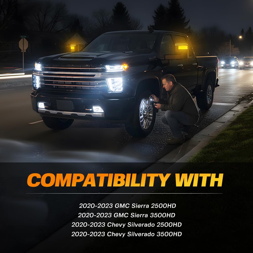 Smoked LED Side Mirror Lights For 2020-2024 GMC Sierra 2500HD/3500HD & Chevy Silverado - Dynamic Amber & White Signal, Plug & Play