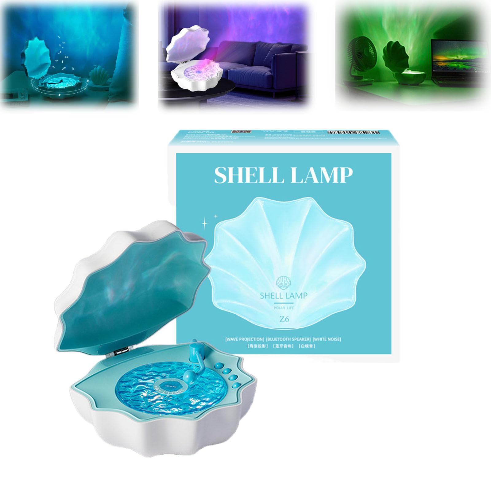 Moana Shell Speaker, Northern Light Shell Record Player, Shell Ocean Wave Projector Lamp with Bluetooth Music Player, White Noise Sound Machine Built-in Music Box for Bedroom Room Decor (Blue)
