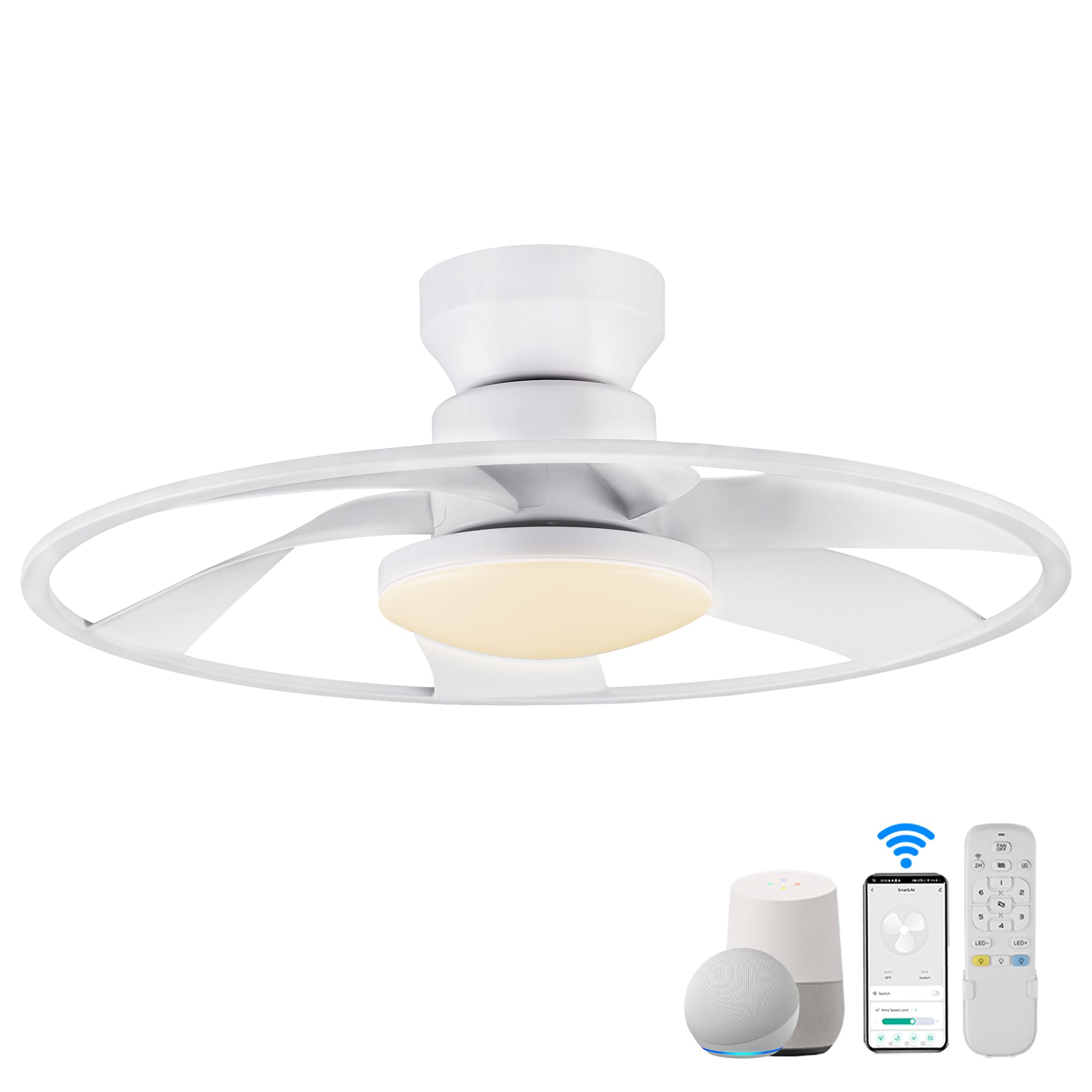 22” Smart Low Profile Enclosed Ceiling Fans with Lights Remote,Quiet Reverse DC Motor,Bladeless Flush Mount Ceiling Fan Controlled by WIFI Alexa App,Modern White for Small Indoor Bedroom Outdoor Patio