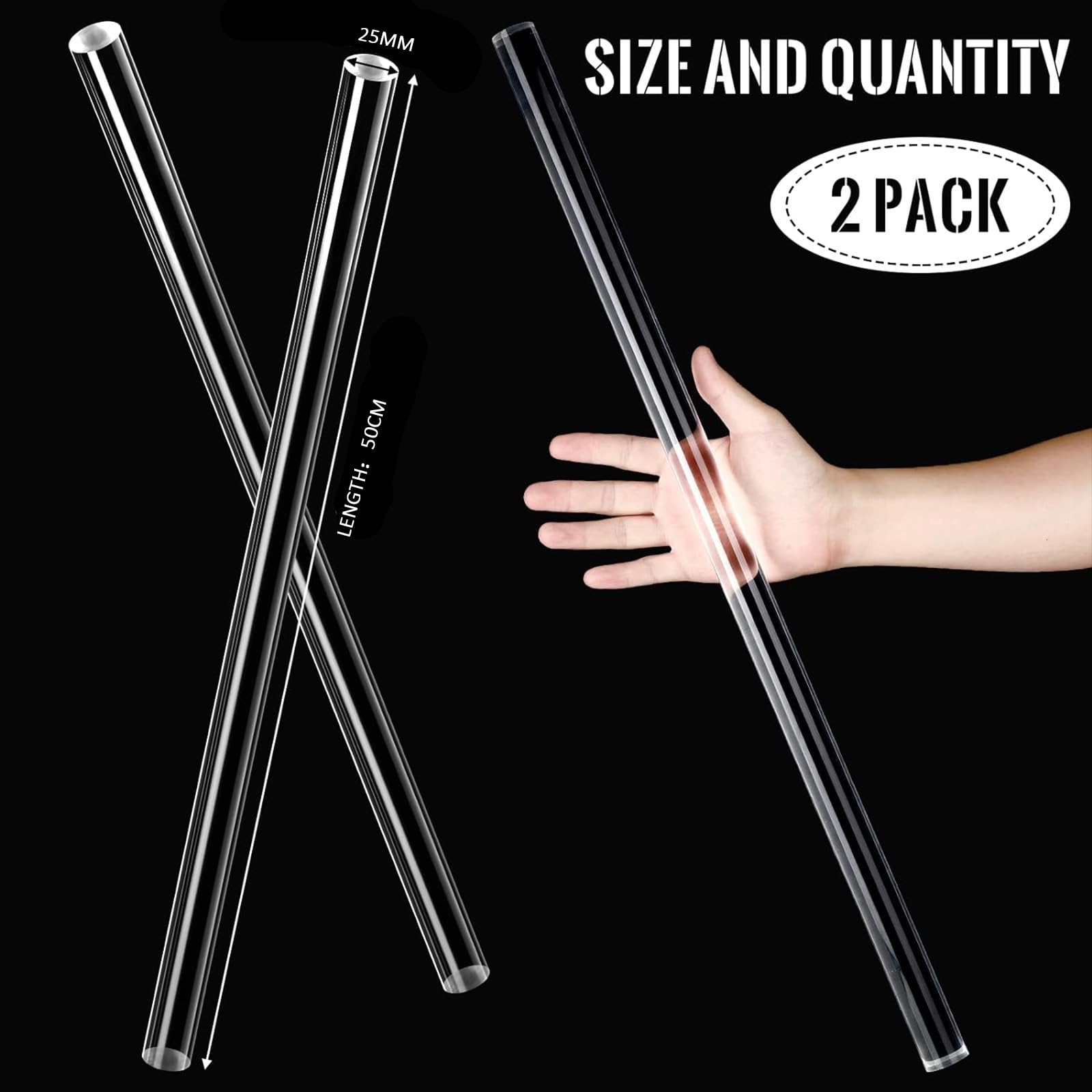 Barre tonde acriliche, Bastoncini in Acrilico Trasparente, Lunghezza 50 cm, Diametro 6-35 mm, Confezione da 2 for Decorazioni Fai da Te.(25mm)