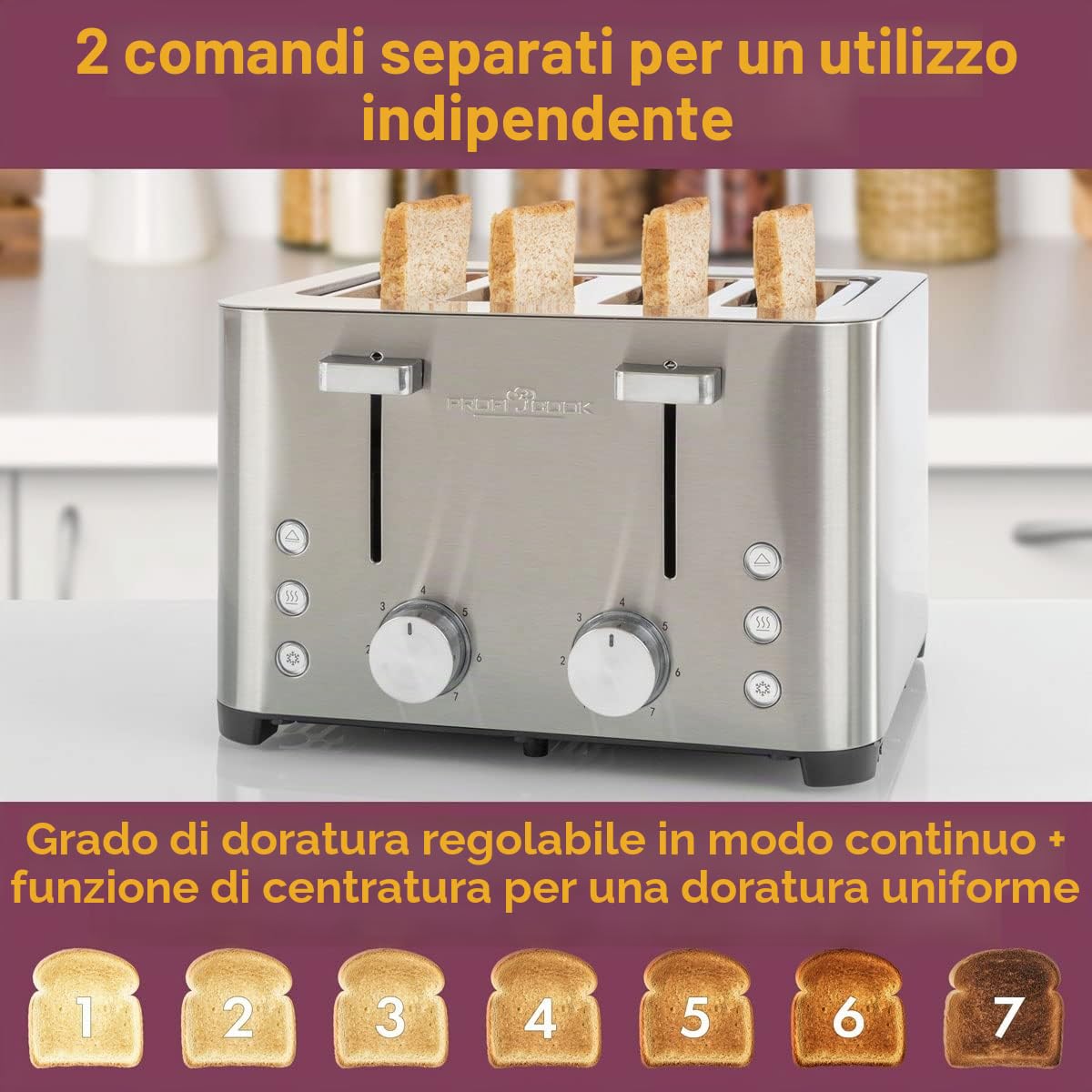 ProfiCook Tostapane, tostapane a 4 dischi, con 2 elementi di comando separati, funzione di scongelamento, riscaldamento/arresto rapido, tostapane con piano pane, tostapane in acciaio inox, PC-TA 1252