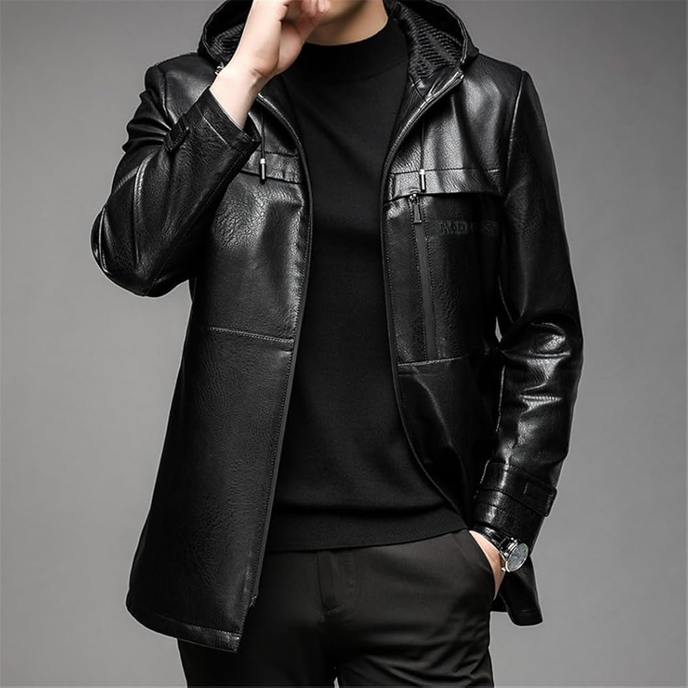 BoxBit Men's Business Leather Jacket Medium Long Hooded Leather