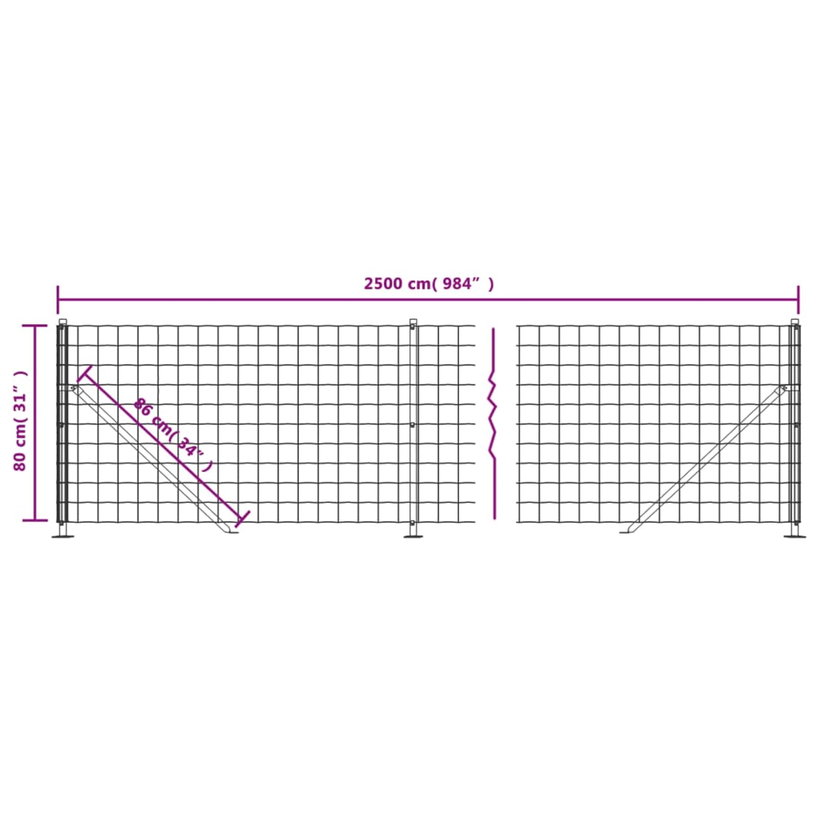 Ogrodzenie z siatki drucianej zielone 0,8 m x 25 m – ocynkowana stal powlekana PCW, grubość drutu 1,55 mm, siatka 100 x 100 mm, z 11 słupkami, 2 rozpórkami, 11 kołnierzami podłogowymi – do