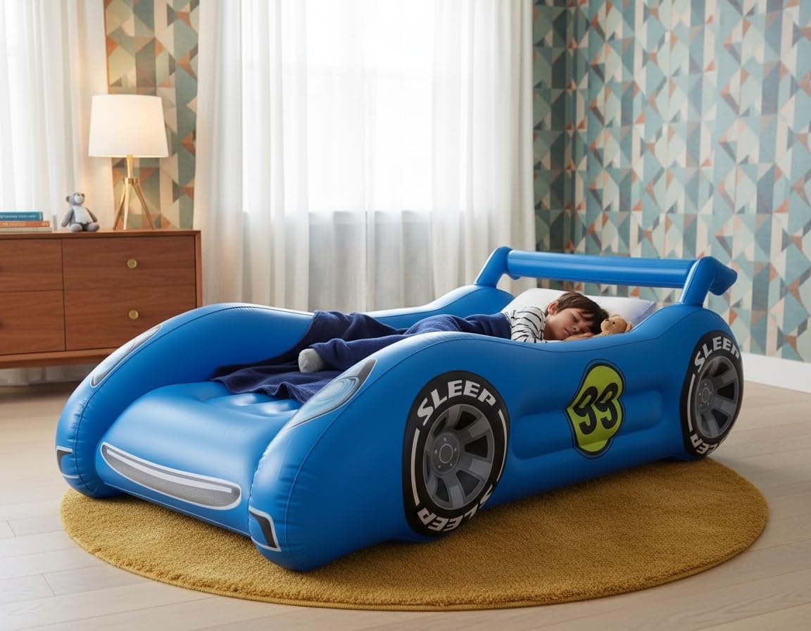 Air Candy Sleep Racer Dream Car Inflatable Kids Bed with LED Night Light Glow – Blue Race Car Air Mattress for Kids Sleepovers, Naps & Travel, Ages 3–12