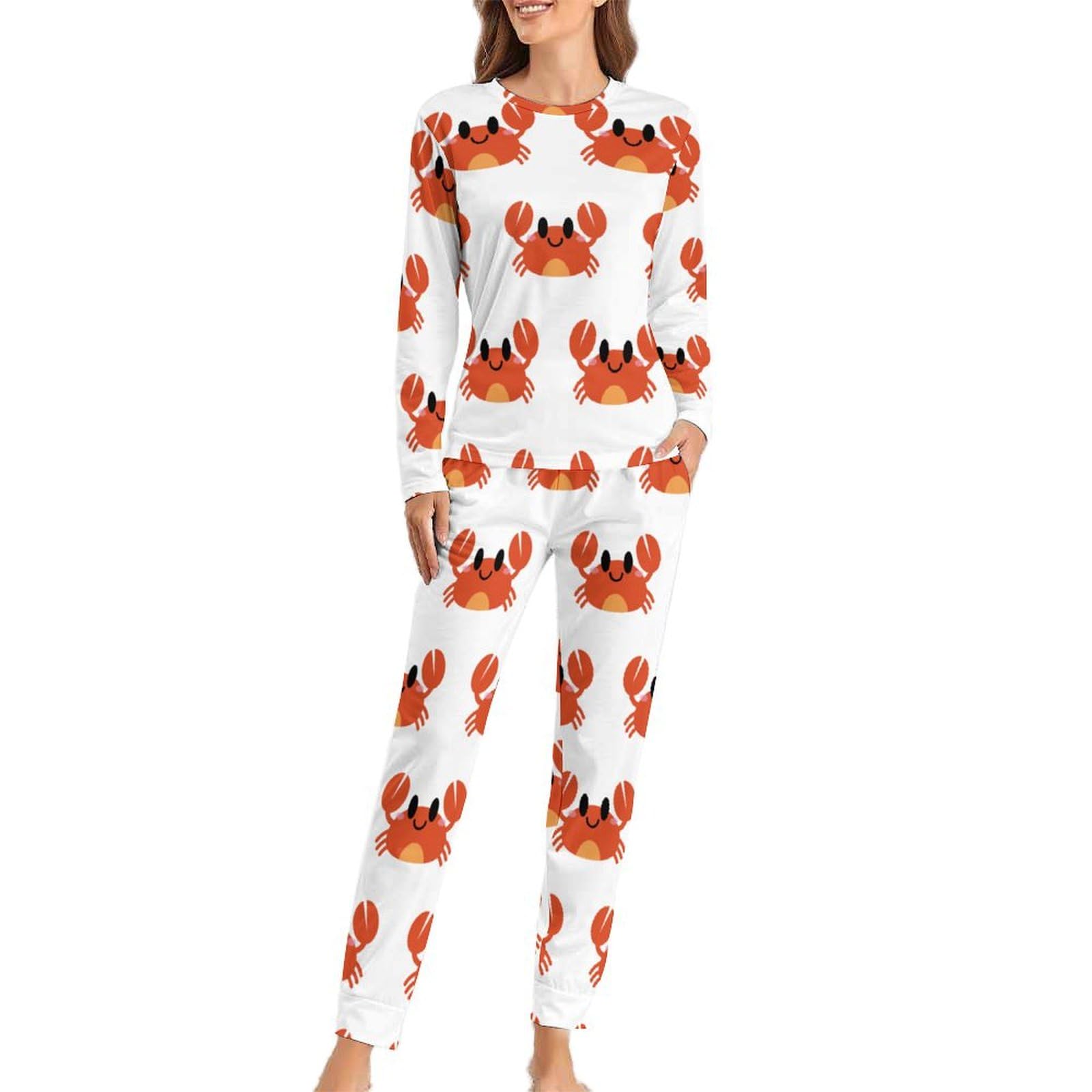 Jzemdybill Women's Red Crab Woman's Crew Neck Pyjamas Set, Pyjamas For Pajamas With Pockets