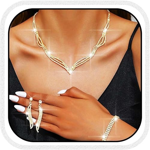 Aukmla Rhinestones Bridal Jewelry Set Silver Sparkly Bride Wedding Necklace Earrings Bracelet Sets Prom Jewelry for Women