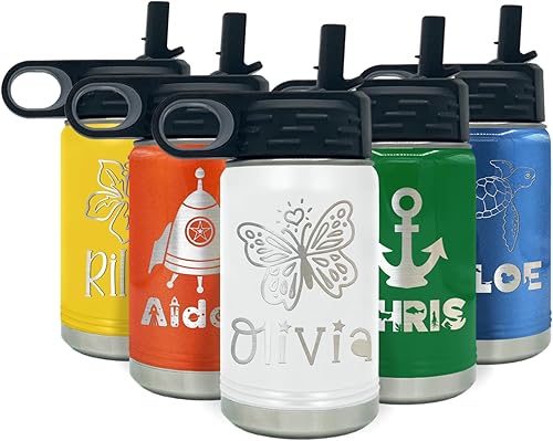 Miniatura 8 de Botella de agua personalizada para niños con tapa de popote en purpurina de arcoíris negro para la escuela, grabado personalizado con nombre de