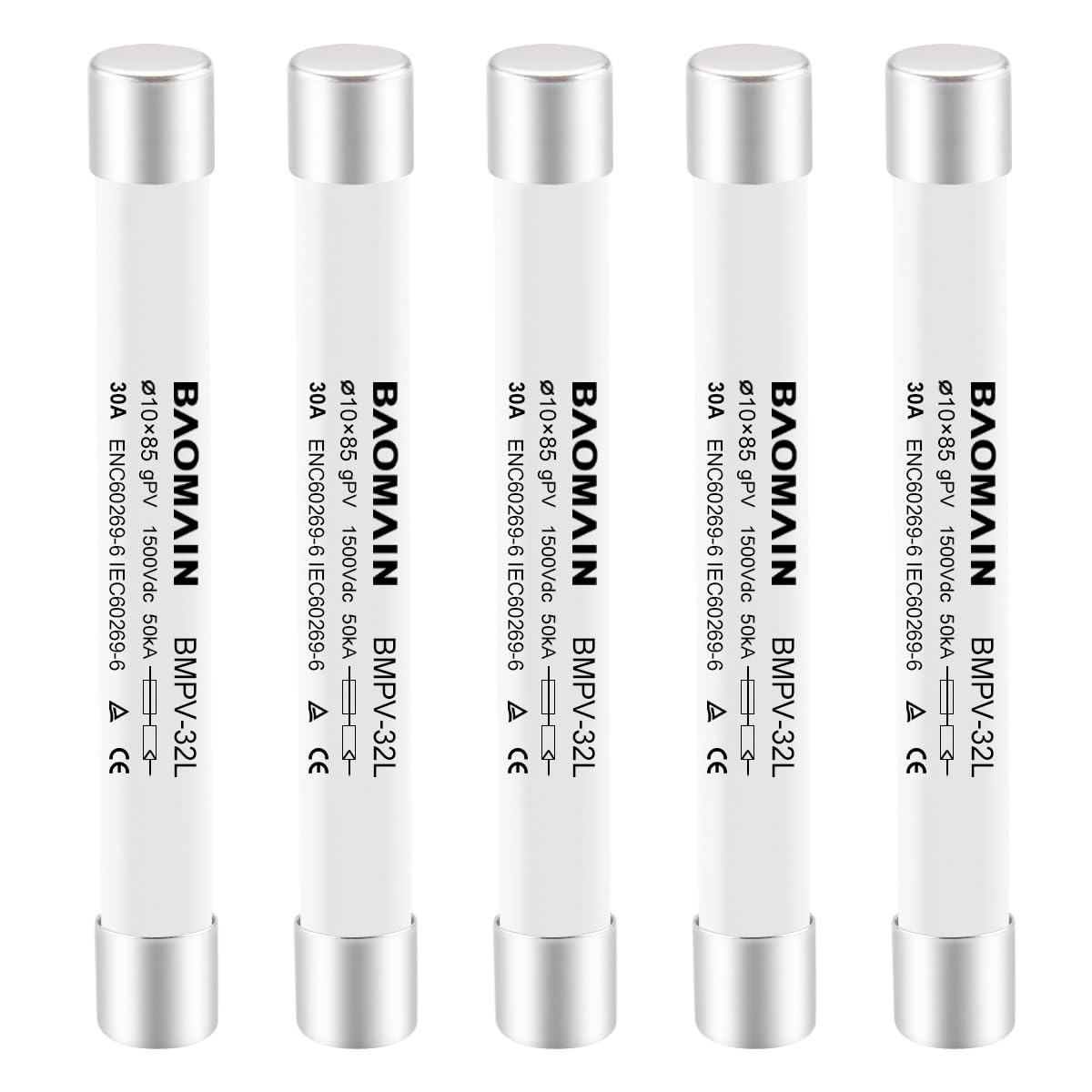 Baomain 1500VDC Solar PV Fuse, gPV-Type Fuse Link, Wire Fusible 10 x 85 mm 50kA Photovoltaic Fuses, BMPV-32L CE Pack of 5 (30Amp)